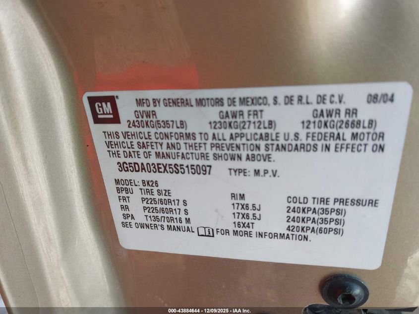 2005 Buick Rendezvous Cx VIN: 3G5DA03EX5S515097 Lot: 43884644