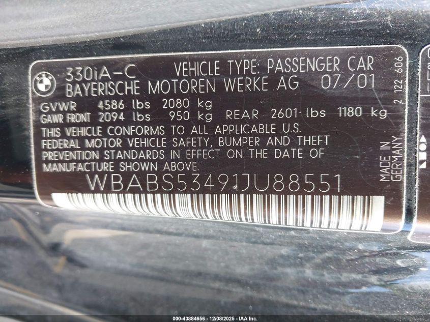 2001 BMW 330Ci VIN: WBABS53491JU88551 Lot: 43884656