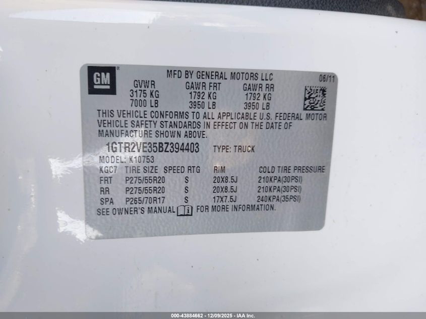 2011 GMC Sierra 1500 Sle VIN: 1GTR2VE35BZ394403 Lot: 43884662