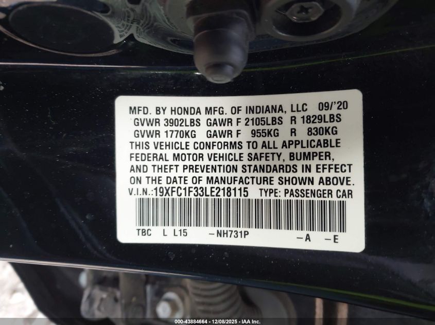 2020 Honda Civic Ex VIN: 19XFC1F33LE218115 Lot: 43884664