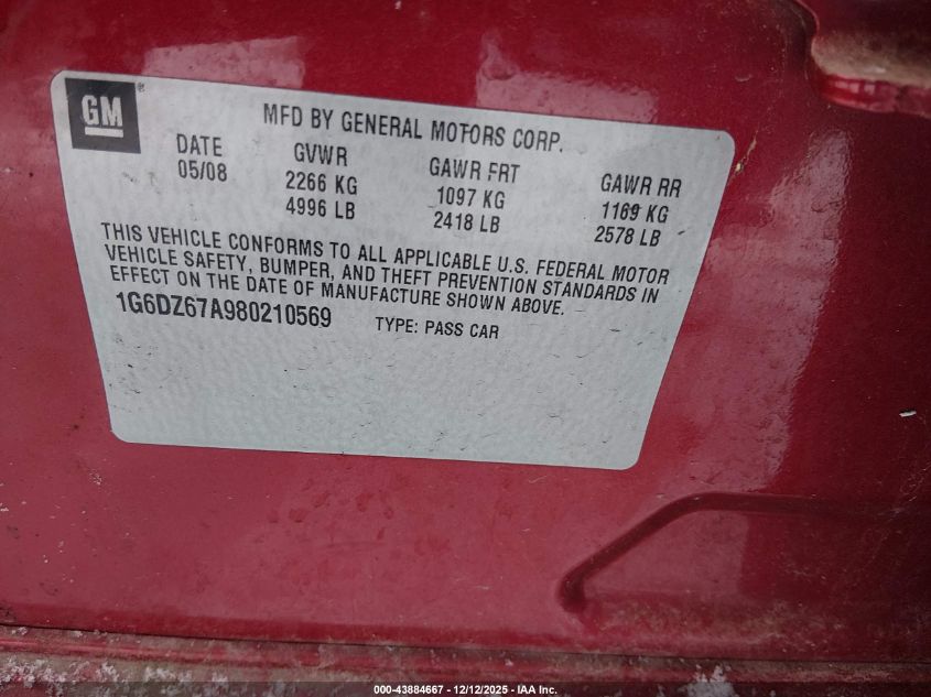 2008 Cadillac Sts V8 VIN: 1G6DZ67A980210569 Lot: 43884667