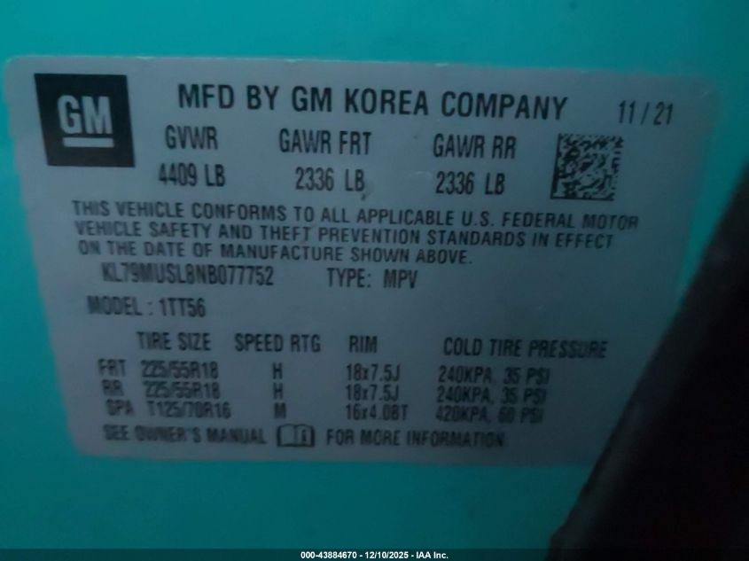 2022 Chevrolet Trailblazer Awd Rs VIN: KL79MUSL8NB077752 Lot: 43884670