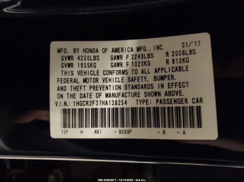 2017 Honda Accord Lx VIN: 1HGCR2F37HA138254 Lot: 43884671