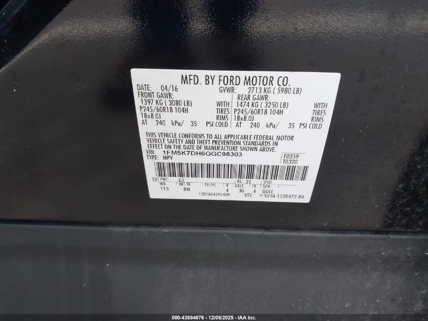 2016 Ford Explorer Xlt VIN: 1FM5K7DH6GGC98303 Lot: 43884676