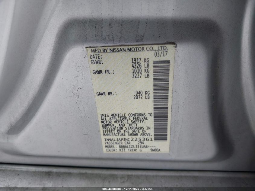 2017 Nissan Altima 2.5 Sv VIN: 1N4AL3AP3HC225361 Lot: 43884680