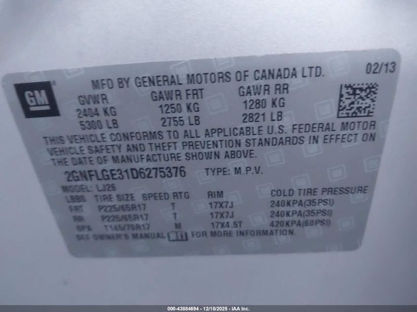 2013 Chevrolet Equinox Ltz VIN: 2GNFLGE31D6275376 Lot: 43884694