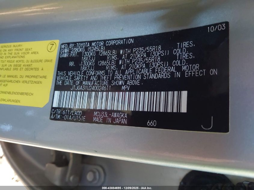 2004 Lexus Rx 330 VIN: JTJGA31U240024611 Lot: 43884695