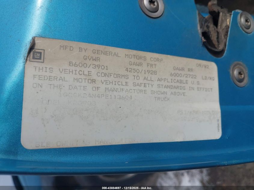 1993 Chevrolet Gmt-400 K2500 VIN: 1GCGK24N4PE113604 Lot: 43884697