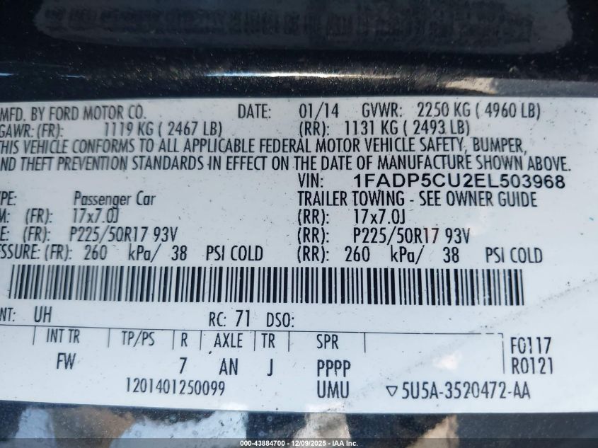 2014 Ford C-Max Energi Sel VIN: 1FADP5CU2EL503968 Lot: 43884700