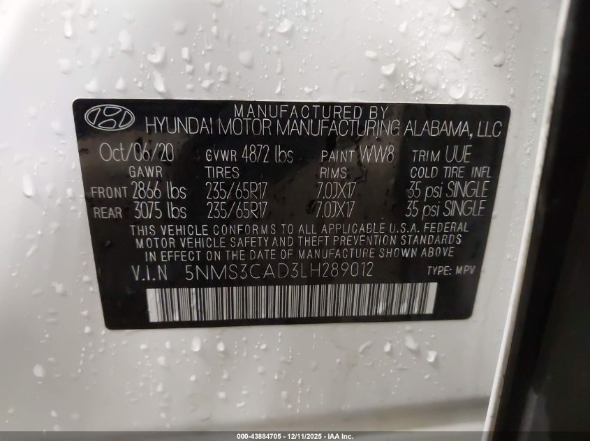 2020 Hyundai Santa Fe Sel VIN: 5NMS3CAD3LH289012 Lot: 43884705