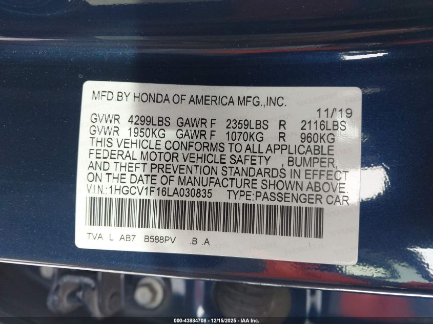 2020 Honda Accord Lx VIN: 1HGCV1F16LA030835 Lot: 43884708