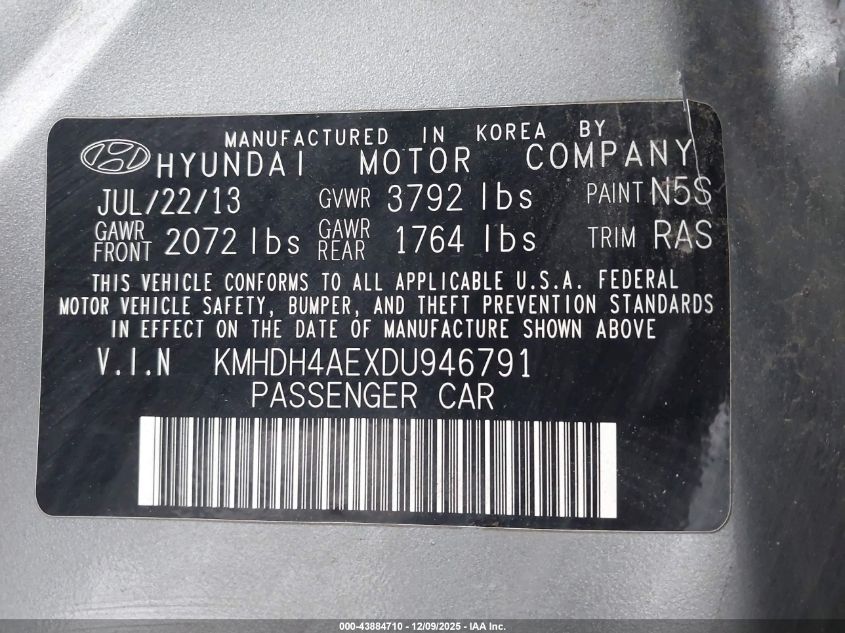 2013 Hyundai Elantra Gls VIN: KMHDH4AEXDU946791 Lot: 43884710