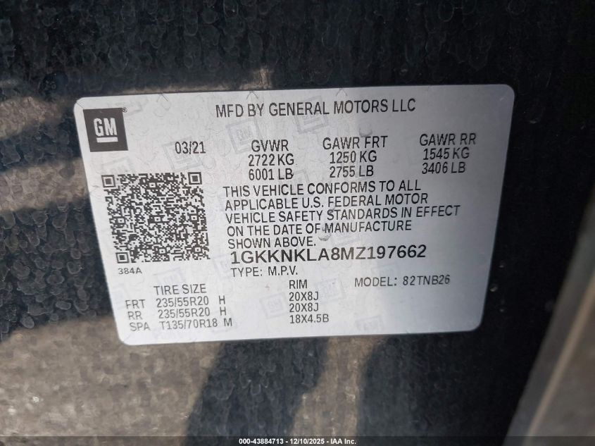 2021 GMC Acadia Fwd Sle VIN: 1GKKNKLA8MZ197662 Lot: 43884713