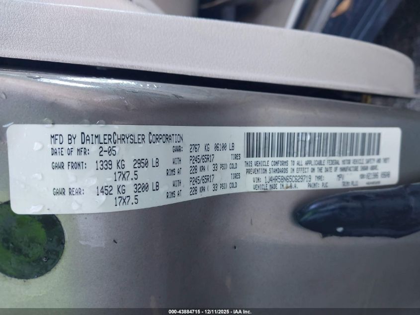 2005 Jeep Grand Cherokee Limited VIN: 1J4HR58N65C629719 Lot: 43884715