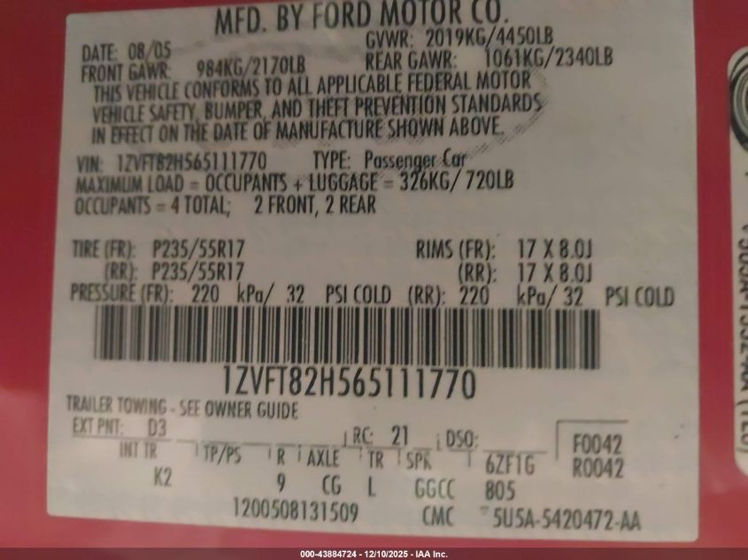 2006 Ford Mustang Gt VIN: 1ZVFT82H565111770 Lot: 43884724