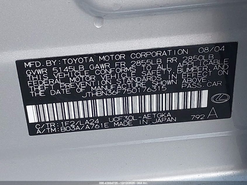 2005 Lexus Ls 430 VIN: JTHBN36F750176315 Lot: 43884725