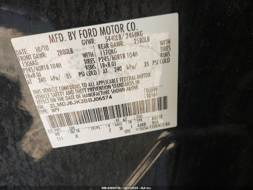 2011 Lincoln Mkx VIN: 2LMDJ6JK3BBJ06574 Lot: 43884728