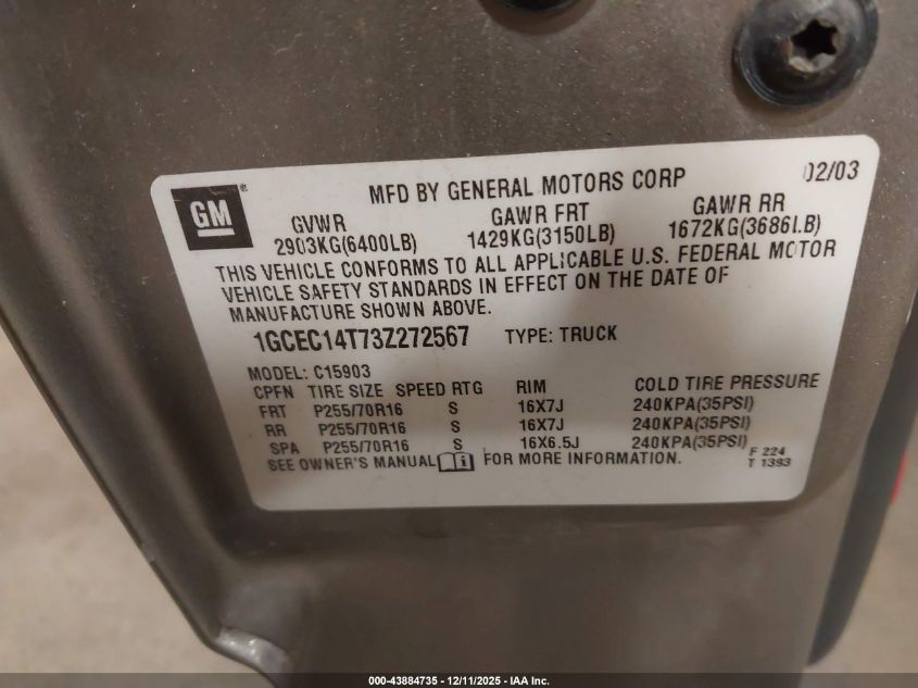 2003 Chevrolet Silverado 1500 Ls VIN: 1GCEC14T73Z272567 Lot: 43884735