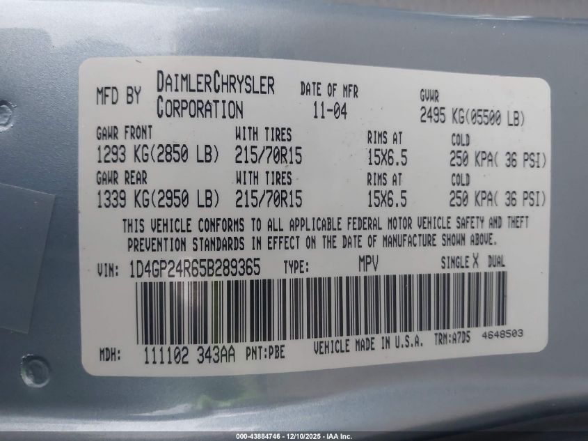 2005 Dodge Grand Caravan Se VIN: 1D4GP24R65B289365 Lot: 43884746