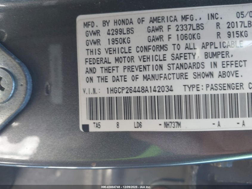 2008 Honda Accord 2.4 Lx-P VIN: 1HGCP26448A142034 Lot: 43884748