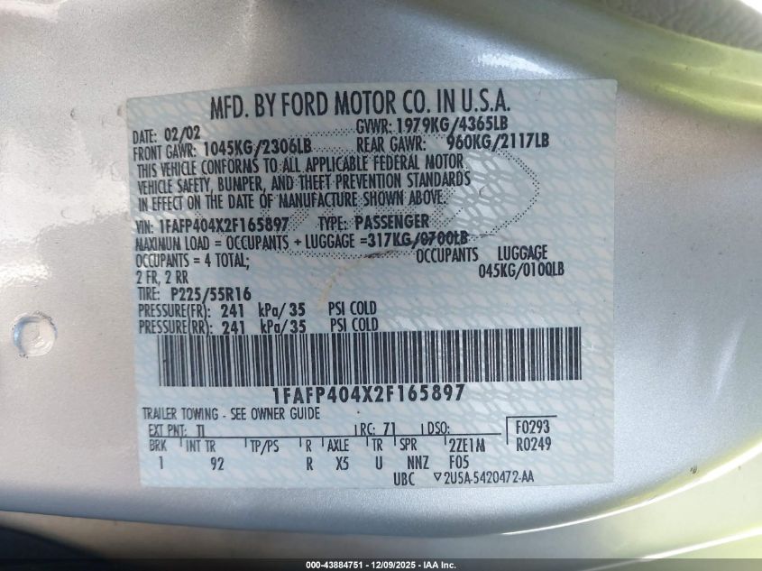 2002 Ford Mustang VIN: 1FAFP404X2F165897 Lot: 43884751