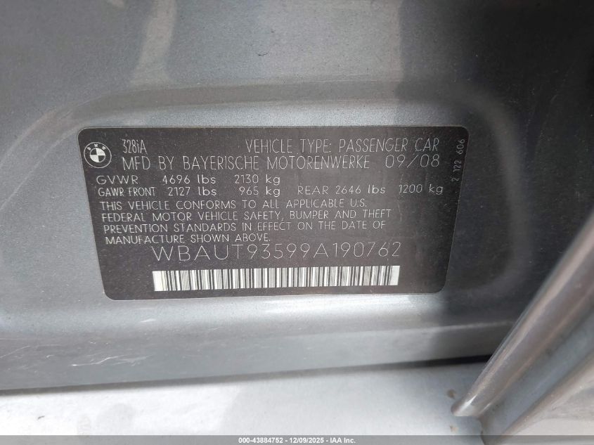 2009 BMW 328I VIN: WBAUT93599A190762 Lot: 43884752