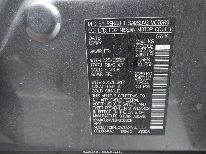 2018 Nissan Rogue Sv VIN: KNMAT2MV1JP608308 Lot: 43884755