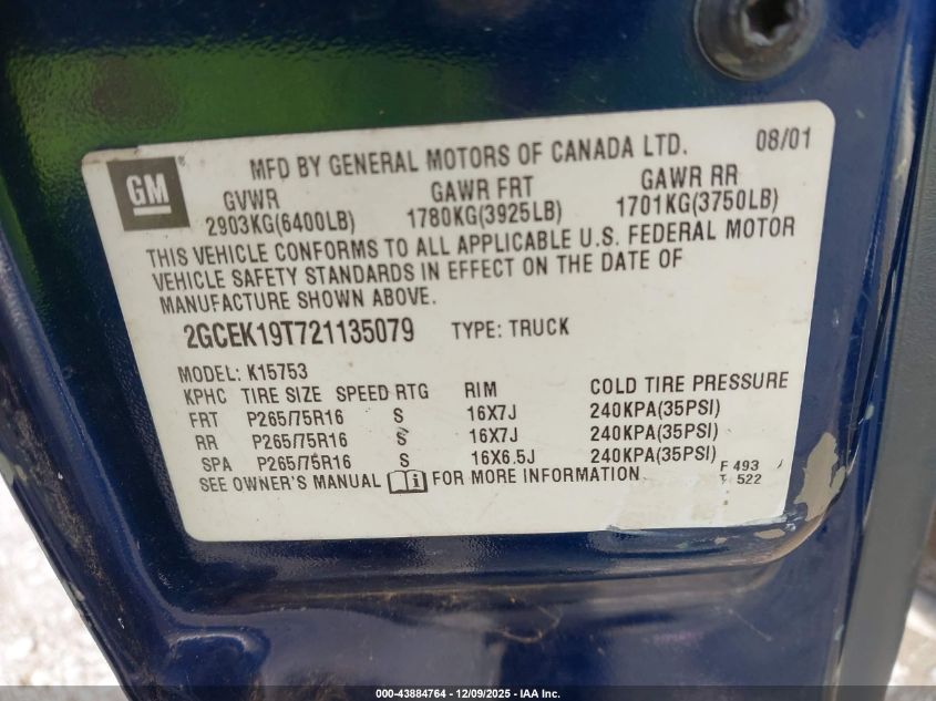 2002 Chevrolet Silverado 1500 Ls VIN: 2GCEK19T721135079 Lot: 43884764
