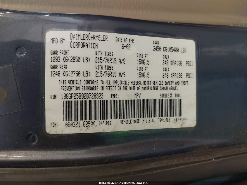 2002 Dodge Caravan Se VIN: 1B8GP25B92B728323 Lot: 43884767