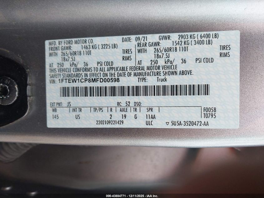 2021 Ford F-150 Xlt VIN: 1FTEW1CP8MFD00598 Lot: 43884771