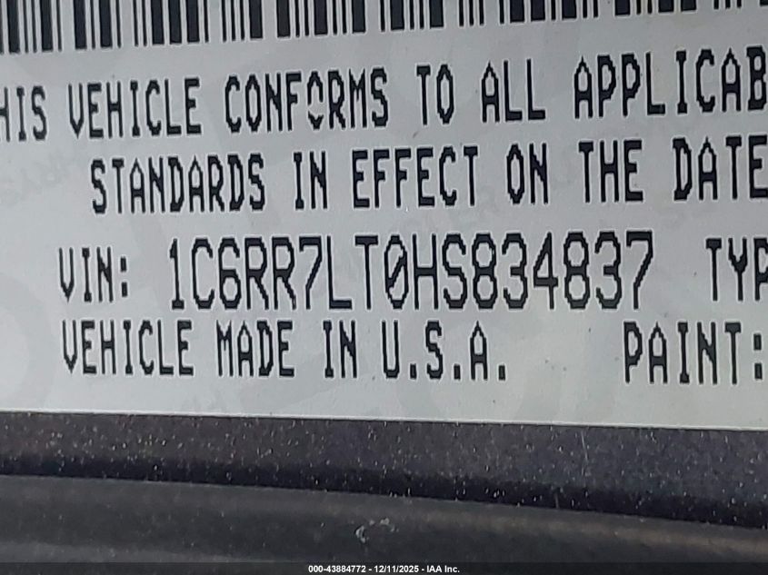 2017 Ram 1500 Big Horn 4X4 5'7 Box VIN: 1C6RR7LT0HS834837 Lot: 43884772