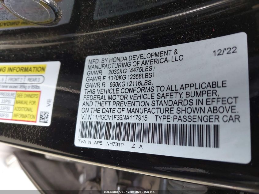 2022 Honda Accord Sport VIN: 1HGCV1F36NA117915 Lot: 43884773