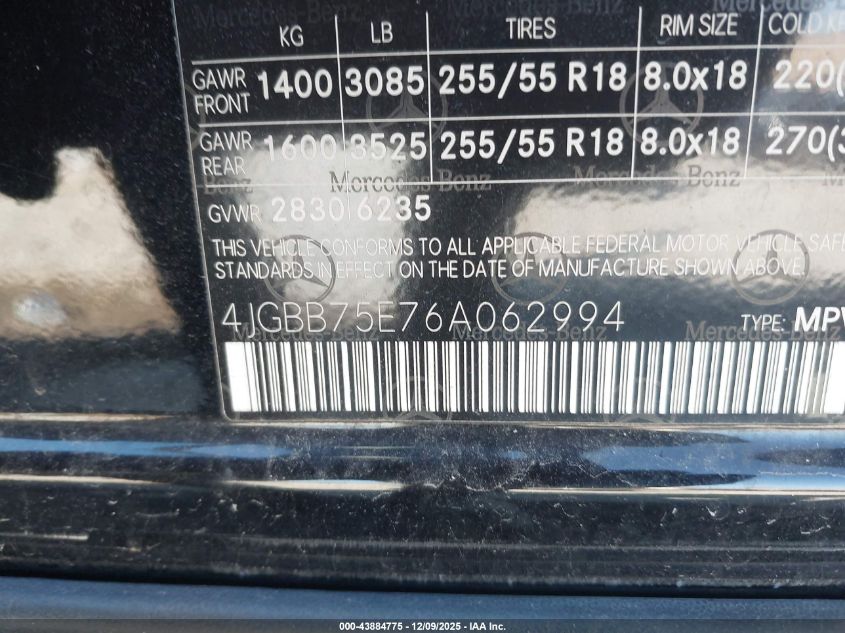 2006 Mercedes-Benz Ml 500 4Matic VIN: 4JGBB75E76A062994 Lot: 43884775