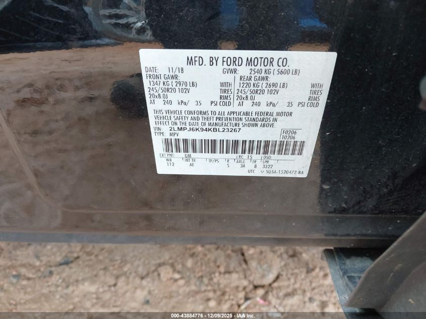 2019 Lincoln Nautilus Select VIN: 2LMPJ6K94KBL23267 Lot: 43884776