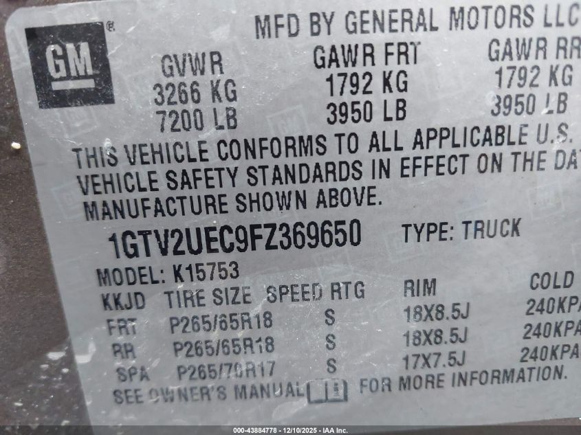 2015 GMC Sierra 1500 Sle VIN: 1GTV2UEC9FZ369650 Lot: 43884778