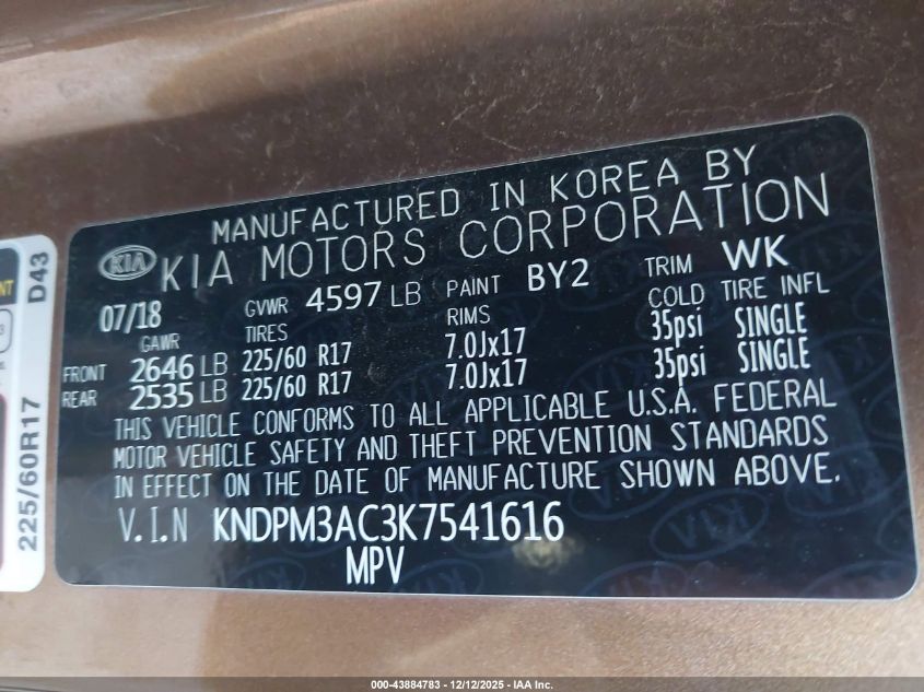 2019 Kia Sportage Lx VIN: KNDPM3AC3K7541616 Lot: 43884783