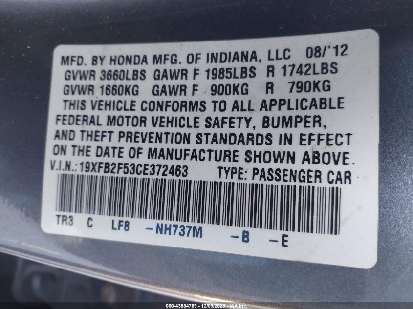 2012 Honda Civic Lx VIN: 19XFB2F53CE372463 Lot: 43884789