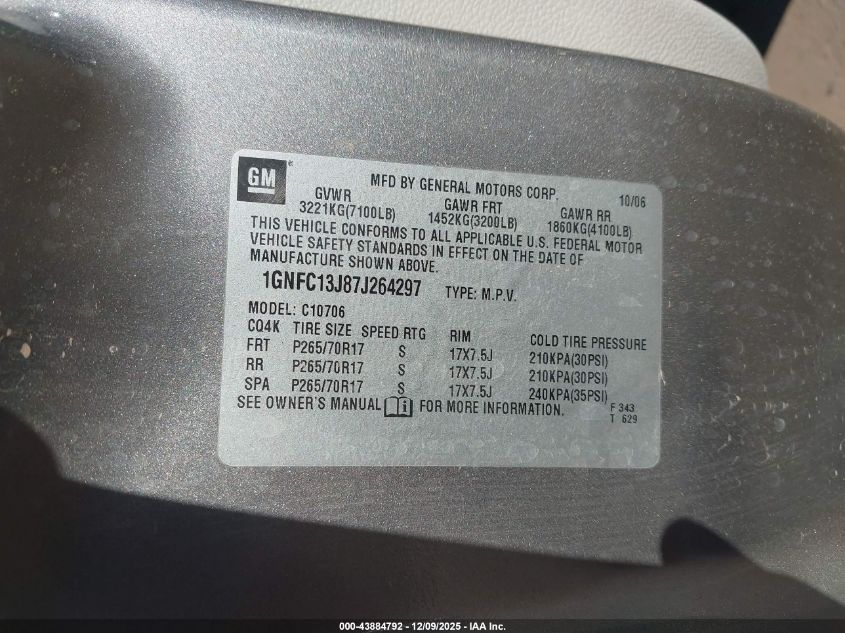 2007 Chevrolet Tahoe Lt VIN: 1GNFC13J87J264297 Lot: 43884792