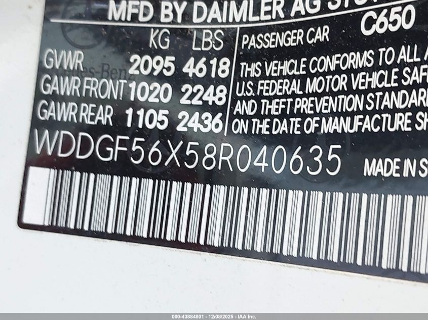 2008 Mercedes-Benz C 350 Sport VIN: WDDGF56X58R040635 Lot: 43884801