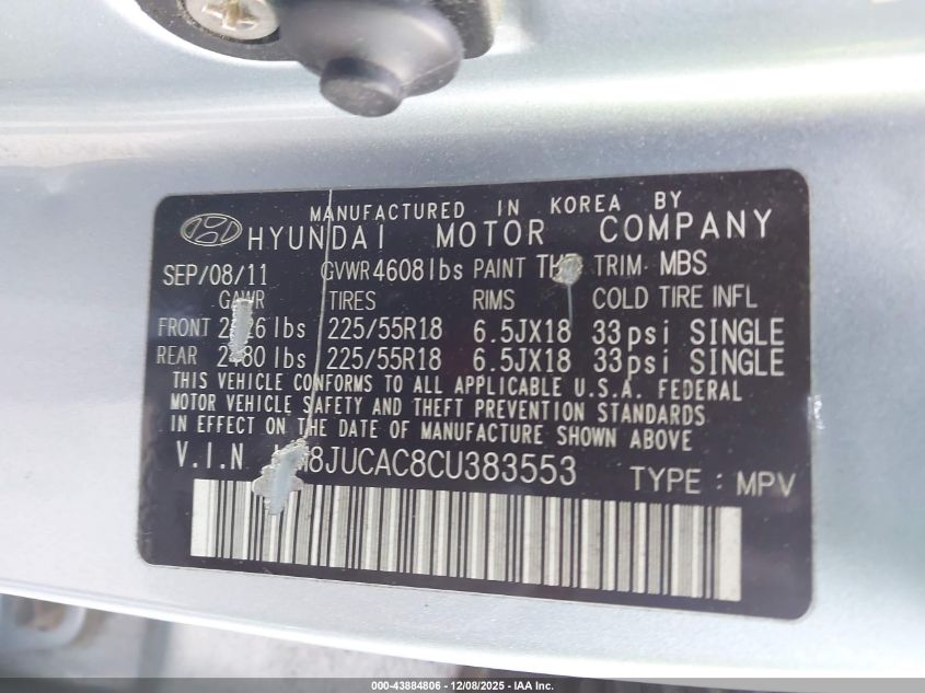 2012 Hyundai Tucson Limited VIN: KM8JUCAC8CU383553 Lot: 43884806