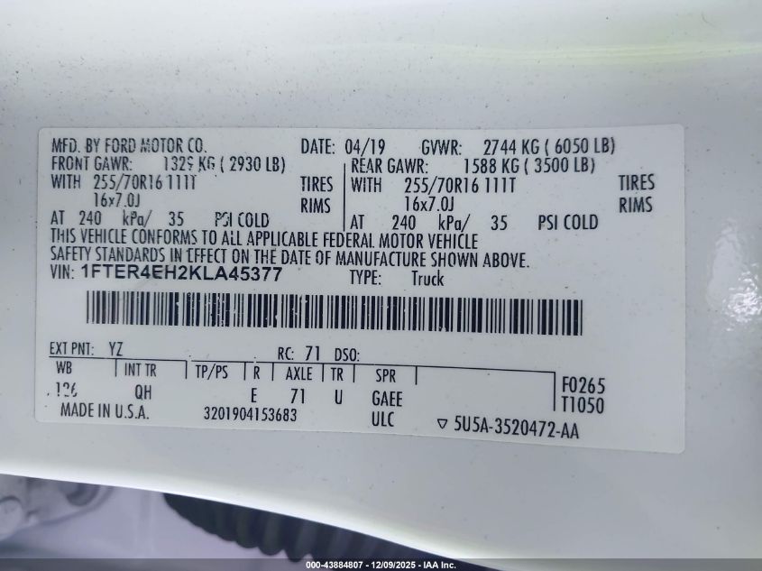 2019 Ford Ranger Xl VIN: 1FTER4EH2KLA45377 Lot: 43884807