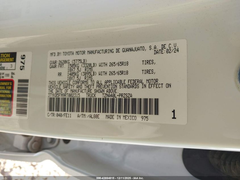 2024 Toyota Tacoma Trd Sport VIN: 3TYKB5FN9RT002315 Lot: 43884815