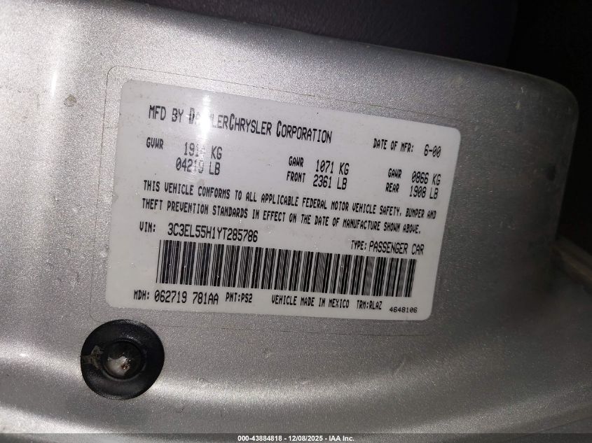 2000 Chrysler Sebring Jxi VIN: 3C3EL55H1YT285786 Lot: 43884818