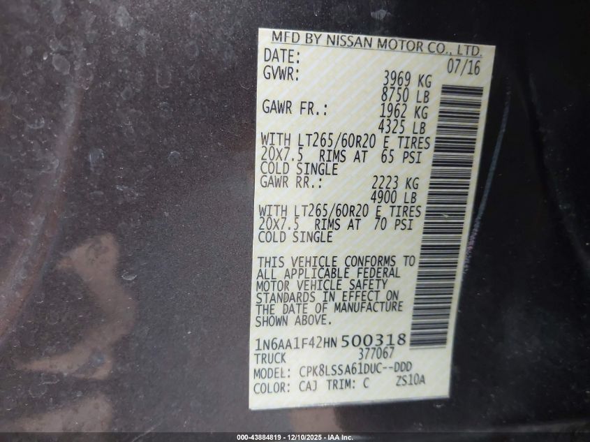 2017 Nissan Titan Xd Sv Gas VIN: 1N6AA1F42HN500318 Lot: 43884819
