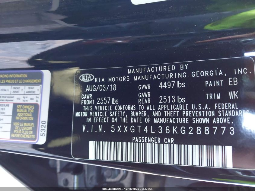 2019 Kia Optima S VIN: 5XXGT4L36KG288773 Lot: 43884828