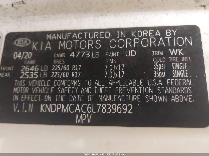 2020 Kia Sportage Lx VIN: KNDPMCAC6L7839692 Lot: 43884831