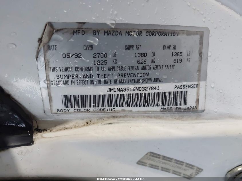 1992 Mazda Mx-5 Miata VIN: JM1NA3516N0327841 Lot: 43884847