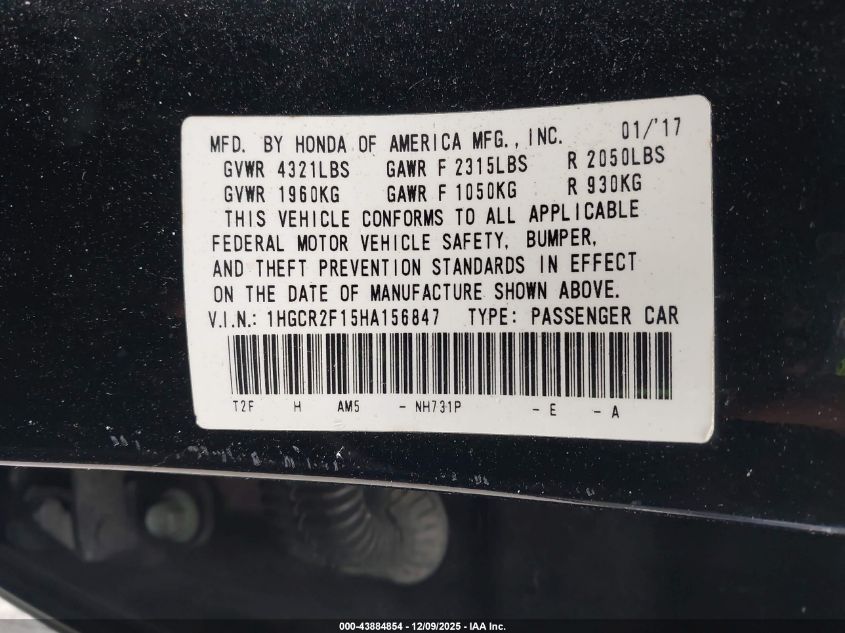 2017 Honda Accord Sport Se VIN: 1HGCR2F15HA156847 Lot: 43884854