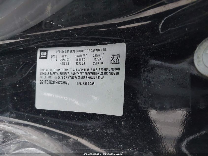2014 Chevrolet Camaro 1Lt VIN: 2G1FB3D30E9248670 Lot: 43884862