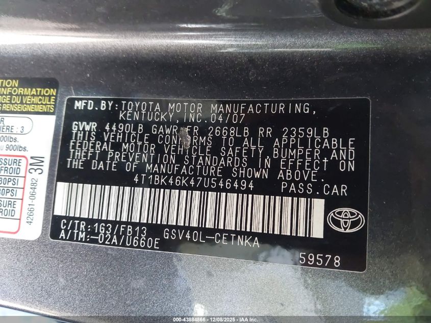 2007 Toyota Camry Le V6 VIN: 4T1BK46K47U546494 Lot: 43884866